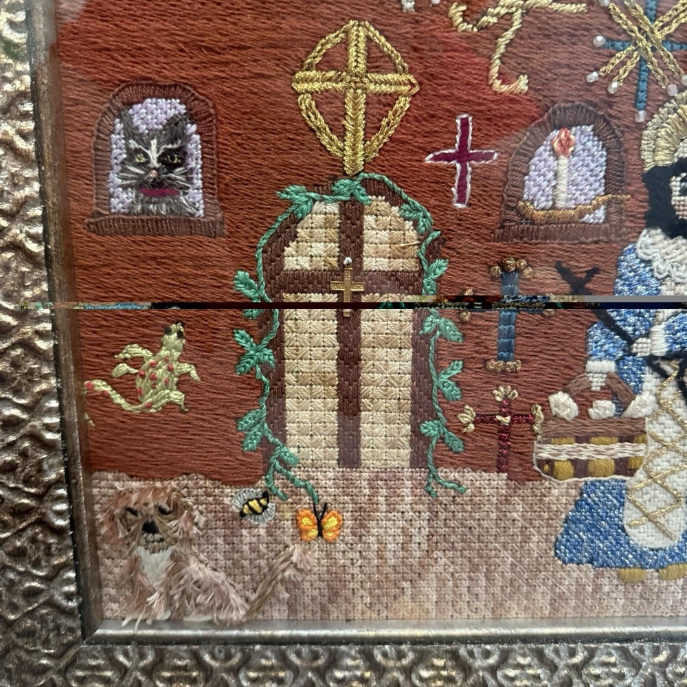 VTG Crewel Religious Needlepoint Priest‎ Saint Cats Dogs Wall Art 17"x16" Church - Picture 4 of 13
